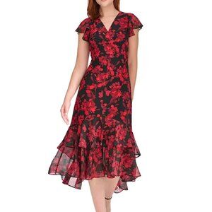 TOMMY HILFIGER Red Black Floral Flutter Sleeve Jersey Knit Dress Size 8 NWT